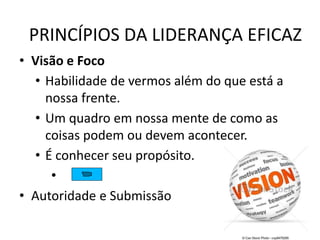 PRINCÍPIOS DA LIDERANÇA EFICAZ
• Visão e Foco
• Habilidade de vermos além do que está a
nossa frente.
• Um quadro em nossa mente de como as
coisas podem ou devem acontecer.
• É conhecer seu propósito.
•
• Autoridade e Submissão
 
