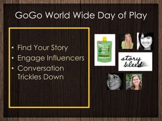 GoGo World Wide Day of Play


• Find Your Story
• Engage Influencers
• Conversation
  Trickles Down
 