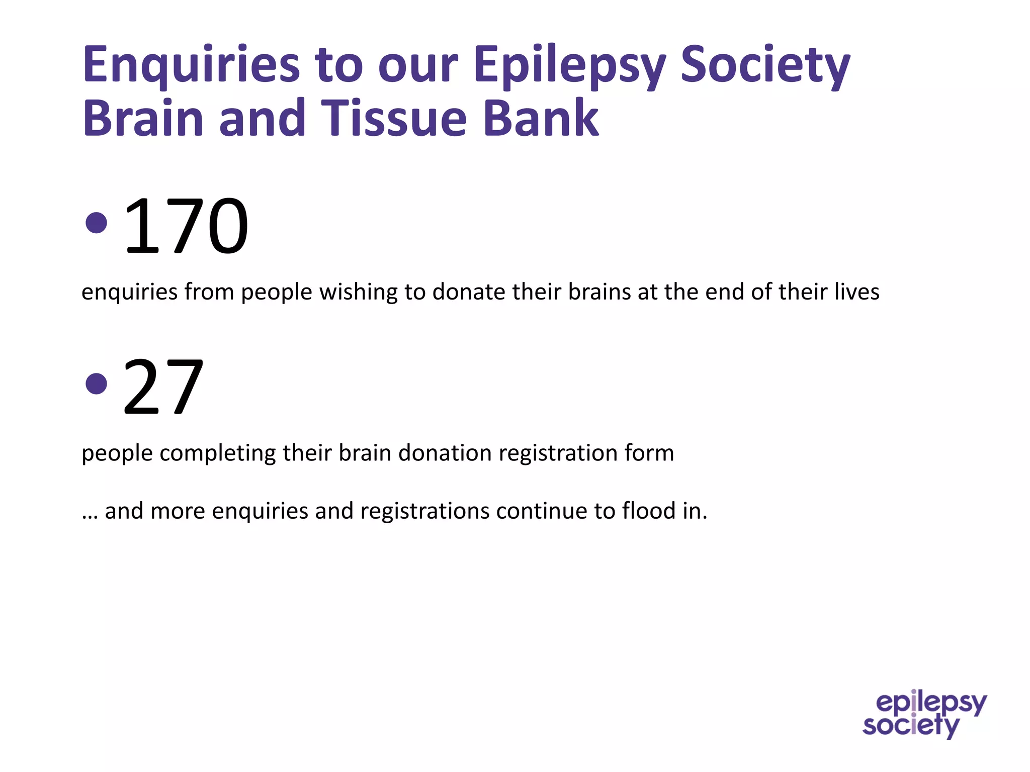 Enquiries to our Epilepsy Society
Brain and Tissue Bank
•170
enquiries from people wishing to donate their brains at the end of their lives
•27
people completing their brain donation registration form
… and more enquiries and registrations continue to flood in.
 