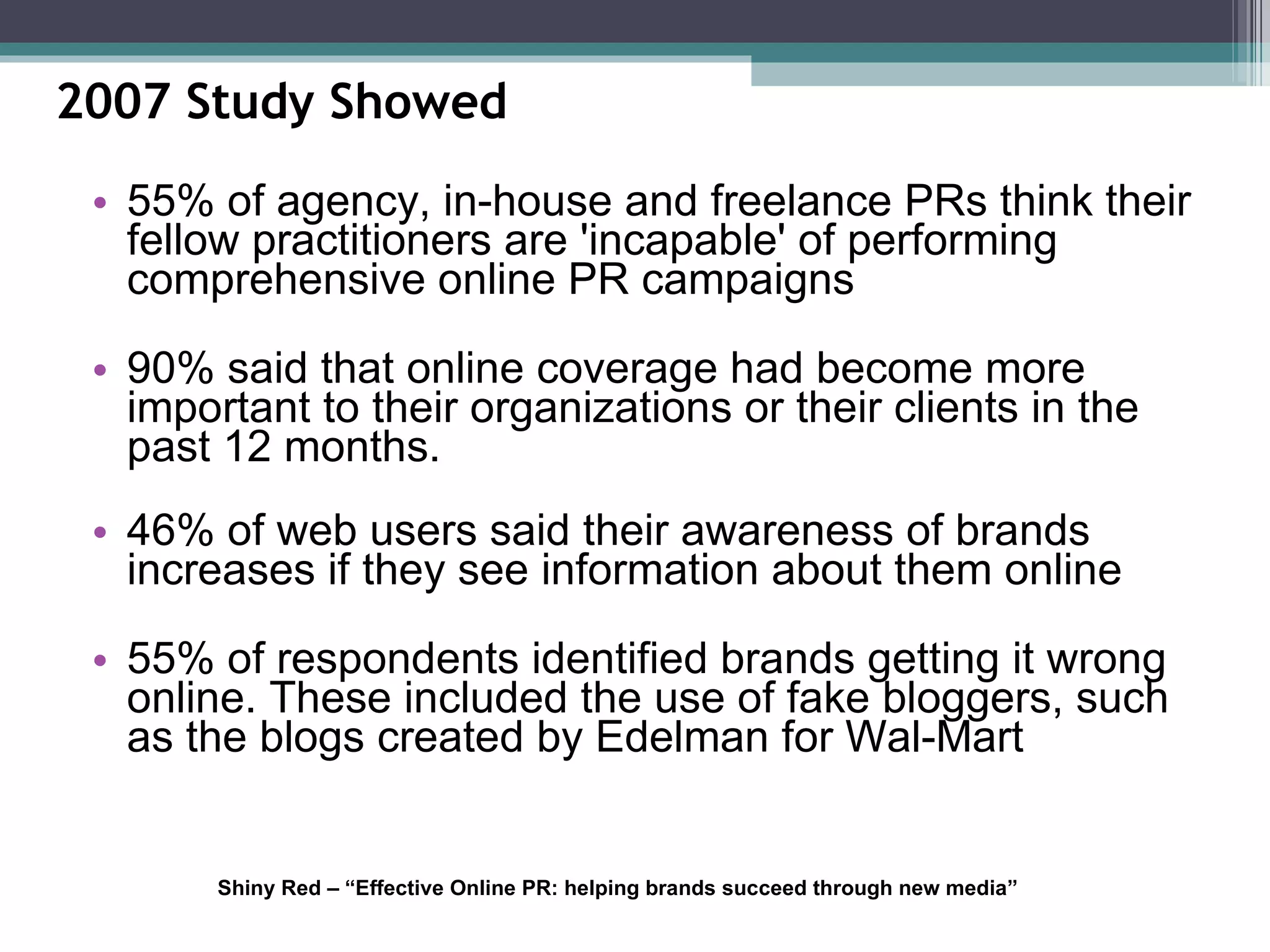 55% of agency, in-house and freelance PRs think their fellow practitioners are 'incapable' of performing comprehensive online PR campaigns 90% said that online coverage had become more important to their organizations or their clients in the past 12 months. 46% of web users said their awareness of brands increases if they see information about them online 55% of respondents identified brands getting it wrong online. These included the use of fake bloggers, such as the blogs created by Edelman for Wal-Mart 2007 Study Showed Shiny Red – “Effective Online PR: helping brands succeed through new media” 