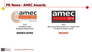 @AmecOrg #AMECMM #prnews
PR News : AMEC Awards
2014
Innovation Award
Reputation Rating Factor
SHORTLISTED
2015
Best Use of Measurement for a Single Event
PR News for British Council
BRONZE
 