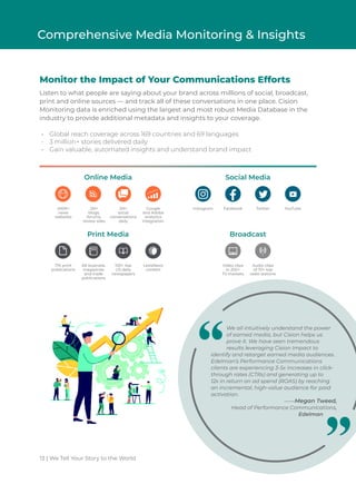 13 | We Tell Your Story to the World
Comprehensive Media Monitoring & Insights
We all intuitively understand the power
of earned media, but Cision helps us
prove it. We have seen tremendous
results leveraging Cision Impact to
identify and retarget earned media audiences.
Edelman’s Performance Communications
clients are experiencing 3-5x increases in click-
through rates (CTRs) and generating up to
12x in return on ad spend (ROAS) by reaching
an incremental, high-value audience for paid
activation.
——Megan Tweed,
Head of Performance Communications,
Edelman
Monitor the Impact of Your Communications Efforts
Listen to what people are saying about your brand across millions of social, broadcast,
print and online sources ― and track all of these conversations in one place. Cision
Monitoring data is enriched using the largest and most robust Media Database in the
industry to provide additional metadata and insights to your coverage.
•	 Global reach coverage across 169 countries and 69 languages
•	 3 million+ stories delivered daily
•	 Gain valuable, automated insights and understand brand impact
Online Media
Print Media Broadcast
Social Media
400K+
news
websites
17K print
publications
6K business
magazines
and trade
publications
100+ top
US daily
newspapers
LexisNexis
content
Video clips
in 200+
TV markets
Audio clips
of 70+ top
radio stations
2M+
blogs,
forums,
review sites
2M+
social
conversations
daily
Google
and Adobe
analytics
integration
Instagram Facebook Twitter YouTube
 