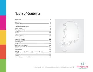 3Copyright © 2015 PR Newswire Association LLC. All Rights Reserved.
Table of Contents
Preface...................................................................... 2
Overview.................................................................. 4
Traditional Media............................................... 5
News agency.................................................................................. 6
Newspapers(daily) ........................................................................... 8
Magazine.............................................................................. 13
Radio...................................................................................... 17
TV............................................................................................ 18
Media in Chinese....................................................................................... 20
Online Media .......................................................... 22
Search engines................................................................................................... 23
Blogs ..................................................................................... 26
New Media(SNS)..................................................... 27
Multimedia ......................................................................................... 28
Mobile media ................................................................................................ 29
PR/Communications Industry in Korea...............33
Characteristic..................................................................................... 34
Trends........................................................................................... 37
Major PR agencies in South Korea..................................................................41
 