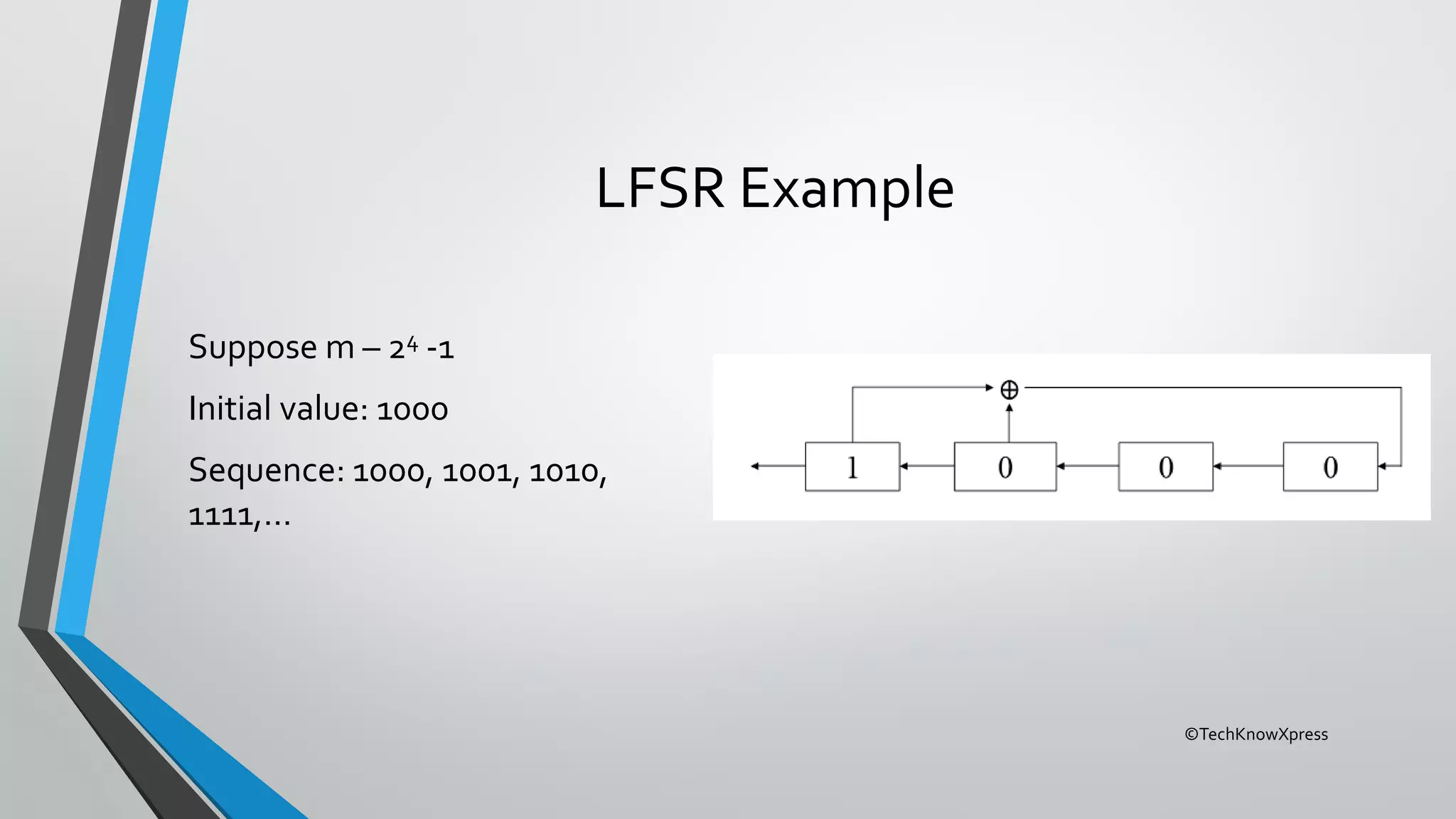 ©TechKnowXpress
LFSR Example
Suppose m – 24 -1
Initial value: 1000
Sequence: 1000, 1001, 1010,
1111,…
 