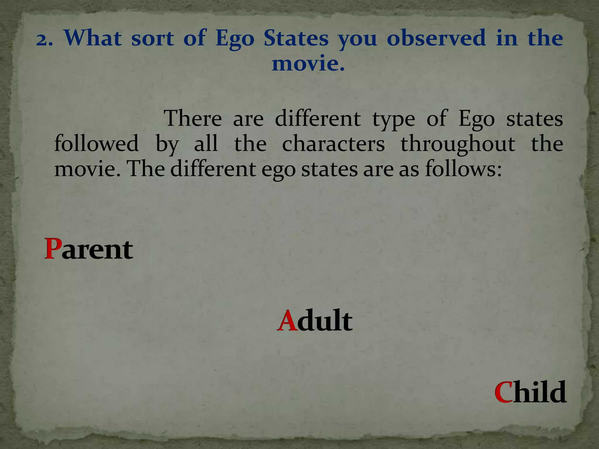 2. What sort of Ego States you observed in the
                     movie.

           There are different type of Ego states
 followed by all the characters throughout the
 movie. The different ego states are as follows:
 