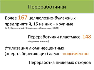 Переработчики
Более 167 целлюлозно-бумажных
предприятий, 15 из них – крупные
(М.Л. Карпачевский, Хозяева российского леса, ЦОДП)



                     Переработчики пластмасс          148
                     (по данным waste.ru)


Утилизация люминесцентных
(энергосберегающих) ламп - повсеместно
                      Переработка пищевых отходов
 