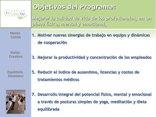 Objetivos del Programa: Motivar nuevas sinergias de trabajo en equipo y dinámicas de cooperación Mejorar la productividad y concentración de los empleados Reducir el índice de ausentimo, licencias y costos de tratamientos médicos Desarrollo integral del potencial físico, mental y emocional a través de posturas simples de yoga, meditación y dieta equilibrada Mente  Calma Visión  Creativa Equilibrio  Dinámico Mejorar la calidad de vida de los profesionales, en un plano físico, mental y emocional, 
