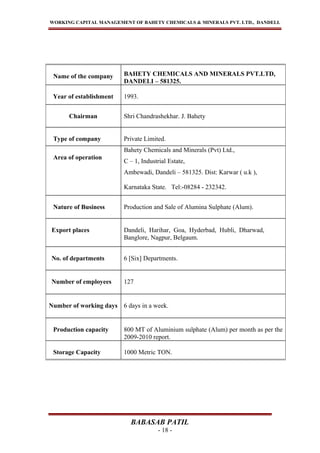WORKING CAPITAL MANAGEMENT OF BAHETY CHEMICALS & MINERALS PVT. LTD., DANDELI.
BABASAB PATIL
- 18 -
Name of the company BAHETY CHEMICALS AND MINERALS PVT.LTD,
DANDELI – 581325.
Year of establishment 1993.
Chairman Shri Chandrashekhar. J. Bahety
Type of company Private Limited.
Area of operation
Bahety Chemicals and Minerals (Pvt) Ltd.,
C – 1, Industrial Estate,
Ambewadi, Dandeli – 581325. Dist: Karwar ( u.k ),
Karnataka State. Tel:-08284 - 232342.
Nature of Business Production and Sale of Alumina Sulphate (Alum).
Export places Dandeli, Harihar, Goa, Hyderbad, Hubli, Dharwad,
Banglore, Nagpur, Belgaum.
No. of departments 6 [Six] Departments.
Number of employees 127
Number of working days 6 days in a week.
Production capacity 800 MT of Aluminium sulphate (Alum) per month as per the
2009-2010 report.
Storage Capacity 1000 Metric TON.
 