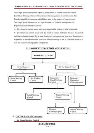 WORKING CAPITAL MANAGEMENT OF BAHETY CHEMICALS & MINERALS PVT. LTD., DANDELI.
Working Capital Management refers to management of current assets and current
Liabilities. The major thrust of course is on the management of current assets .This
Is understandable because current liabilities arise in the context of current assets.
Working Capital Management is a significant fact of financial management. Its
Importance stems from two reasons:-
• Investment in current assets represents a substantial portion of total investment.
• Investment in current assets and the level of current liabilities have to be geared
quickly to change in sales. To be sure, fixed asset investment and long term financing are
responsive to variation in sales. However, this relationship is not as close and direct as it
is in the case of working capital components.
CLASSIFICATION OF WORKING CAPITAL
I. On The Basis of Concepts
1) Gross Working Capital
BABASAB PATIL
- 46 -
WORKING CAPITAL
On The Basis of
Concepts
On The Basis of Time
Gross Working
Capital
Net Working
Capital
Permanent /
Fixed Working
Capital
Temporary /
Fluctuating
Working Capital
Initial Working
Capital
Regular Working
Capital
Seasonal
Working Capital
Special Working
Capital
 