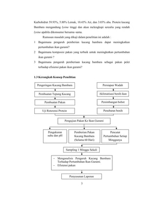 3
Karbohidrat 59.93%, 5.88% Lemak, 10.43% Air, dan 3.03% abu. Protein kacang
Bambara mengandung lysine tinggi dan akan melengkapi serealia yang rendah
lysine apabila dikonsumsi bersama–sama.
Rumusan masalah yang dikaji dalam penelitian ini adalah :
1 Bagaimana pengaruh pemberian kacang bambara dapat meningkatkan
pertumbuhan ikan gurami?
2 Bagaimana komposisi pakan yang terbaik untuk meningkatkan pertumbuhan
ikan gurami ?
3 Bagaimana pengaruh pemberiaan kacang bambara sebagai pakan pelet
terhadap efisiensi pakan ikan gurami?
1.3 Kerangkah Konsep Penelitian
Aklimatisasi benih ikan
Pengeringan Kacang Bambara
Pembuatan Tepung Kacang
Penimbangan bobot
awal
Penebaran benih
Pengujian Pakan Ke Ikan Gurami
Pemberian Pakan
Kacang Bambara
(Selama 60 Hari)
Pengukuran
suhu dan pH
Sampling 1 Minggu Sekali
Pencatat
Pertumbuhan Setiap
Minggunya
 Menganalisis Pengaruh Kacang Bambara
Terhadap Pertumbuhan Ikan Gurami.
 Efisiensi pakan
Persiapan Wadah
Uji Reterensi Protein
Pembuatan Pakan
Penyusunan Laporan
 