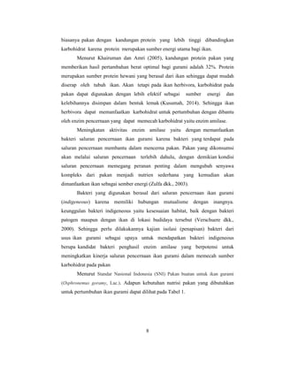 8
biasanya pakan dengan kandungan protein yang lebih tinggi dibandingkan
karbohidrat karena protein merupakan sumber energi utama bagi ikan.
Menurut Khairuman dan Amri (2005), kandungan protein pakan yang
memberikan hasil pertambahan berat optimal bagi gurami adalah 32%. Protein
merupakan sumber protein hewani yang berasal dari ikan sehingga dapat mudah
diserap oleh tubuh ikan. Akan tetapi pada ikan herbivora, karbohidrat pada
pakan dapat digunakan dengan lebih efektif sebagai sumber energi dan
kelebihannya disimpan dalam bentuk lemak (Kusumah, 2014). Sehingga ikan
herbivora dapat memanfaatkan karbohidrat untuk pertumbuhan dengan dibantu
oleh enzim pencernaan yang dapat memecah karbohidrat yaitu enzim amilase.
Meningkatan aktivitas enzim amilase yaitu dengan memanfaatkan
bakteri saluran pencernaan ikan gurami karena bakteri yang terdapat pada
saluran pencernaan membantu dalam mencerna pakan. Pakan yang dikonsumsi
akan melalui saluran pencernaan terlebih dahulu, dengan demikian kondisi
saluran pencernaan memegang peranan penting dalam mengubah senyawa
kompleks dari pakan menjadi nutrien sederhana yang kemudian akan
dimanfaatkan ikan sebagai sember energi (Zulfa dkk., 2003).
Bakteri yang digunakan berasal dari saluran pencernaan ikan gurami
(indigeneous) karena memiliki hubungan mutualisme dengan inangnya.
keunggulan bakteri indigeneous yaitu kesesuaian habitat, baik dengan bakteri
patogen maupun dengan ikan di lokasi budidaya tersebut (Verschuere dkk.,
2000). Sehingga perlu dilakukannya kajian isolasi (penapisan) bakteri dari
usus ikan gurami sebagai upaya untuk mendapatkan bakteri indigeneous
berupa kandidat bakteri penghasil enzim amilase yang berpotensi untuk
meningkatkan kinerja saluran pencernaan ikan gurami dalam memecah sumber
karbohidrat pada pakan
Menurut Standar Nasional Indonesia (SNI) Pakan buatan untuk ikan gurami
(Osphronemus goramy, Lac.). Adapun kebutuhan nutrisi pakan yang dibutuhkan
untuk pertumbuhan ikan gurami dapat dilihat pada Tabel 1.
 