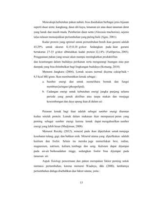 13
Mencukupi kebutuhan pakan nabati, bisa disediakan berbagai jenis hijauan
seperti daun sente, kangkung, daun ubi kayu, tanaman air atau daun tanaman darat
yang lunak dan masih muda. Pemberian daun sente (Alocasia machoriza), sejenis
talas-talasan menunjukkan pertumbuhan yang paling baik (Agus, 2001).
Kadar protein yang optimal untuk pertumbuhan benih ikan gurami adalah
43,29% untuk ukuran 0,15-0,18 g/ekor. Sedangkan pada ikan gurami
berukuran 27-35 g/ekor dibutuhkan kadar protein 32,14% (Yulfiperius, 2003).
Penggunaan pakan yang sesuai akan mampu meningkatkan produktifitas
dan keuntungan dalam budidaya perikanan serta mengurangi buangan atau pun
dampak yang bisa ditimbulkan bagi lingkungan budidaya (Komang, 2010).
Menurut Jangkaru (2004), Lemak secara normal dicerna cukup baik =
8,5 kcal ME/gram. Ikan membutuhkan lemak sebagai :
a. Sumber energi dan untuk memelihara bentuk dan fungsi
membran/jaringan (phospolipid).
b. Cadangan energi untuk kebutuhan energi jangka panjang selama
periode yang penuh aktifitas atau tanpa makan dan menjaga
keseimbangan dan daya apung ikan di dalam air.
Peranan lemak bagi ikan adalah sebagai sumber energi diurutan
kedua setelah protein. Lemak dalam makanan ikan mempunyai peran yang
penting sebagai sumber energi karena lemak dapat mengahasilkan sumber
energi yang lebih besar (Mudjiman, 2008).
Menurut Reezky (2012), mineral pada ikan diperlukan untuk menjaga
kesehatan tulang, gigi, dan bahkan sisik. Mineral utama yang diperlkukan adalah
kaslium dan fosfor. Selain itu mereka juga memerlukan besi, iodine,
magnesium, natrium, kalium, tembaga dan seng. Kalsium dapat dijumpai
pada air-air berkesadahan tinggi, sedangkan fosfor bisa dijumpai pada
tanaman air.
Aspek fisiologi pencernaan dan pakan merupakan faktor penting untuk
memacu pertumbuhan, karena menurut Wiadnya, dkk (2000), lambatnya
pertumbuhan diduga disebabkan dua faktor utama, yaitu :
 
