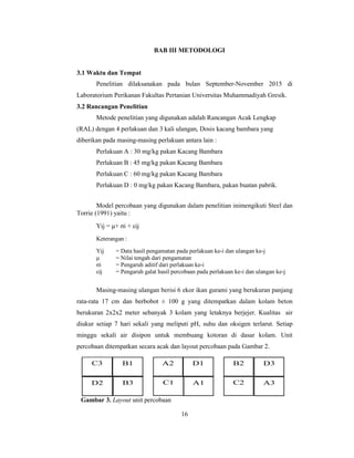 16
BAB III METODOLOGI
3.1 Waktu dan Tempat
Penelitian dilaksanakan pada bulan September-November 2015 di
Laboratorium Perikanan Fakultas Pertanian Universitas Muhammadiyah Gresik.
3.2 Rancangan Penelitian
Metode penelitian yang digunakan adalah Rancangan Acak Lengkap
(RAL) dengan 4 perlakuan dan 3 kali ulangan, Dosis kacang bambara yang
diberikan pada masing-masing perlakuan antara lain :
Perlakuan A : 30 mg/kg pakan Kacang Bambara
Perlakuan B : 45 mg/kg pakan Kacang Bambara
Perlakuan C : 60 mg/kg pakan Kacang Bambara
Perlakuan D : 0 mg/kg pakan Kacang Bambara, pakan buatan pabrik.
Model percobaan yang digunakan dalam penelitian inimengikuti Steel dan
Torrie (1991) yaitu :
Yij = μ+ σi + εij
Keterangan :
Yij = Data hasil pengamatan pada perlakuan ke-i dan ulangan ke-j
μ = Nilai tengah dari pengamatan
σi = Pengaruh aditif dari perlakuan ke-i
εij = Pengaruh galat hasil percobaan pada perlakuan ke-i dan ulangan ke-j
Masing-masing ulangan berisi 6 ekor ikan gurami yang berukuran panjang
rata-rata 17 cm dan berbobot ± 100 g yang ditempatkan dalam kolam beton
berukuran 2x2x2 meter sebanyak 3 kolam yang letaknya berjejer. Kualitas air
diukur setiap 7 hari sekali yang meliputi pH, suhu dan oksigen terlarut. Setiap
minggu sekali air disipon untuk membuang kotoran di dasar kolam. Unit
percobaan ditempatkan secara acak dan layout percobaan pada Gambar 2.
3.1
3.2
3.3Gambar 3. Layout unit percobaan
C3 B1
D2 B3
A2 D1
C1 A1
B2 D3
C2 A3
 
