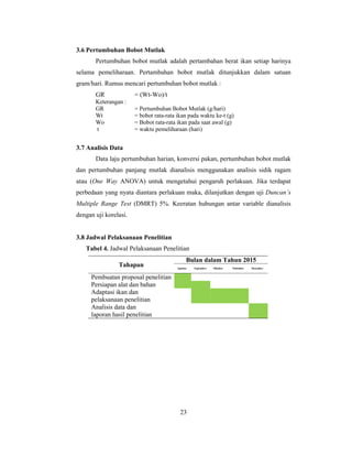 23
3.6 Pertumbuhan Bobot Mutlak
Pertumbuhan bobot mutlak adalah pertambahan berat ikan setiap harinya
selama pemeliharaan. Pertambahan bobot mutlak ditunjukkan dalam satuan
gram/hari. Rumus mencari pertumbuhan bobot mutlak :
GR = (Wt-Wo)/t
Keterangan :
GR = Pertumbuhan Bobot Mutlak (g/hari)
Wt = bobot rata-rata ikan pada waktu ke-t (g)
Wo = Bobot rata-rata ikan pada saat awal (g)
t = waktu pemeliharaan (hari)
3.7 Analisis Data
Data laju pertumbuhan harian, konversi pakan, pertumbuhan bobot mutlak
dan pertumbuhan panjang mutlak dianalisis menggunakan analisis sidik ragam
atau (One Way ANOVA) untuk mengetahui pengaruh perlakuan. Jika terdapat
perbedaan yang nyata diantara perlakuan maka, dilanjutkan dengan uji Duncan’s
Multiple Range Test (DMRT) 5%. Keeratan hubungan antar variable dianalisis
dengan uji korelasi.
3.8 Jadwal Pelaksanaan Penelitian
Tabel 4. Jadwal Pelaksanaan Penelitian
Tahapan
Bulan dalam Tahun 2015
Agustus September Oktober Nofember Desember
Pembuatan proposal penelitian
Persiapan alat dan bahan
Adaptasi ikan dan
pelaksanaan penelitian
Analisis data dan
laporan hasil penelitian
 