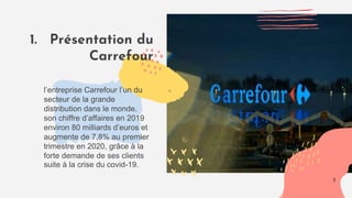 1. Présentation du
Carrefour
l’entreprise Carrefour l’un du
secteur de la grande
distribution dans le monde.
son chiffre d’affaires en 2019
environ 80 milliards d’euros et
augmente de 7,8% au premier
trimestre en 2020, grâce à la
forte demande de ses clients
suite à la crise du covid-19.
3
 