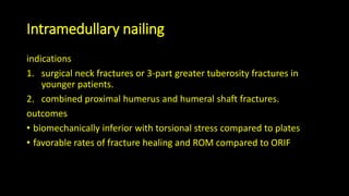 Intramedullary nailing
indications
1. surgical neck fractures or 3-part greater tuberosity fractures in
younger patients.
2. combined proximal humerus and humeral shaft fractures.
outcomes
• biomechanically inferior with torsional stress compared to plates
• favorable rates of fracture healing and ROM compared to ORIF
 