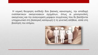 Η νομική θεώρηση ανέδειξε δύο βασικές καινοτομίες, την αποδοχή
εναλλακτικών οικογενειακών σχημάτων, όπως οι μονογονεϊκές
οικογένειες και την αναγνώριση μορφών συγγένειας που δε βασίζονται
υποχρεωτικά στη βιολογική καταγωγή ή τη γενετική αλήθεια, αλλά στη
βούληση του ατόμου.
 