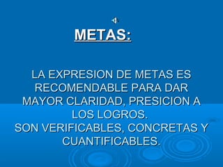 LA EXPRESION DE METAS ESLA EXPRESION DE METAS ES
RECOMENDABLE PARA DARRECOMENDABLE PARA DAR
MAYOR CLARIDAD, PRESICION AMAYOR CLARIDAD, PRESICION A
LOS LOGROS.LOS LOGROS.
SON VERIFICABLES, CONCRETAS YSON VERIFICABLES, CONCRETAS Y
CUANTIFICABLES.CUANTIFICABLES.
METAS:METAS:
 