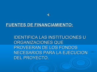 IDENTIFICA LAS INSTITUCIONES UIDENTIFICA LAS INSTITUCIONES U
ORGANIZACIONES QUEORGANIZACIONES QUE
PROVEERAN DE LOS FONDOSPROVEERAN DE LOS FONDOS
NECESARIOS PARA LA EJECUCIONNECESARIOS PARA LA EJECUCION
DEL PROYECTO.DEL PROYECTO.
FUENTES DE FINANCIAMIENTO:FUENTES DE FINANCIAMIENTO:
 