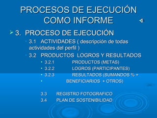 PROCESOS DE EJECUCIÓNPROCESOS DE EJECUCIÓN
COMO INFORMECOMO INFORME
 3.3. PROCESO DE EJECUCIÓNPROCESO DE EJECUCIÓN
• 3.13.1 ACTIVIDADES ( descripción de todasACTIVIDADES ( descripción de todas
actividades del perfil )actividades del perfil )
• 3.23.2 PRODUCTOS LOGROS Y RESULTADOSPRODUCTOS LOGROS Y RESULTADOS
• 3.2.13.2.1 PRODUCTOS (METAS)PRODUCTOS (METAS)
• 3.2.23.2.2 LOGROS (PARTICIPANTES)LOGROS (PARTICIPANTES)
• 3.2.33.2.3 RESULTADOS (SUMANDOS % +RESULTADOS (SUMANDOS % +
• BENEFICIARIOS + OTROS)BENEFICIARIOS + OTROS)
3.33.3 REGISTRO FOTOGRAFICOREGISTRO FOTOGRAFICO
3.43.4 PLAN DE SOSTENIBILIDADPLAN DE SOSTENIBILIDAD
 