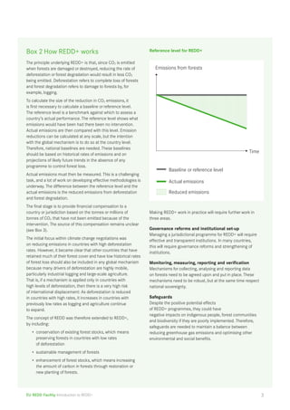 Box 2 How REDD+ works 
The principle underlying REDD+ is that, since CO2 is emitted 
when forests are damaged or destroyed, reducing the rate of 
deforestation or forest degradation would result in less CO2 
being emitted. Deforestation refers to complete loss of forests 
and forest degradation refers to damage to forests by, for 
example, logging. 
To calculate the size of the reduction in CO2 emissions, it 
is first necessary to calculate a baseline or reference level. 
The reference level is a benchmark against which to assess a 
country’s actual performance. The reference level shows what 
emissions would have been had there been no intervention. 
Actual emissions are then compared with this level. Emission 
reductions can be calculated at any scale, but the intention 
with the global mechanism is to do so at the country level. 
Therefore, national baselines are needed. These baselines 
should be based on historical rates of emissions and on 
projections of likely future trends in the absence of any 
programme to control forest loss. 
Actual emissions must then be measured. This is a challenging 
task, and a lot of work on developing effective methodologies is 
underway. The difference between the reference level and the 
actual emissions is the reduced emissions from deforestation 
and forest degradation. 
The final stage is to provide financial compensation to a 
country or jurisdiction based on the tonnes or millions of 
tonnes of CO2 that have not been emitted because of the 
intervention. The source of this compensation remains unclear 
(see Box 3). 
The initial focus within climate change negotiations was 
on reducing emissions in countries with high deforestation 
rates. However, it became clear that other countries that have 
retained much of their forest cover and have low historical rates 
of forest loss should also be included in any global mechanism 
because many drivers of deforestation are highly mobile, 
particularly industrial logging and large-scale agriculture. 
That is, if a mechanism is applied only in countries with 
high levels of deforestation, then there is a very high risk 
of international displacement: As deforestation is reduced 
in countries with high rates, it increases in countries with 
previously low rates as logging and agriculture continue 
to expand. 
The concept of REDD was therefore extended to REDD+, 
by including: 
• conservation of existing forest stocks, which means 
preserving forests in countries with low rates 
of deforestation 
• sustainable management of forests 
• enhancement of forest stocks, which means increasing 
the amount of carbon in forests through restoration or 
new planting of forests. 
EU REDD Facility Introduction to REDD+ 
Time 
Reference level for REDD+ 
Emissions from forests 
Baseline or reference level 
Actual emissions 
Reduced emissions 
Making REDD+ work in practice will require further work in 
three areas. 
Governance reforms and institutional set-up 
Managing a jurisdictional programme for REDD+ will require 
effective and transparent institutions. In many countries, 
this will require governance reforms and strengthening of 
institutions. 
Monitoring, measuring, reporting and verification 
Mechanisms for collecting, analysing and reporting data 
on forests need to be agreed upon and put in place. These 
mechanisms need to be robust, but at the same time respect 
national sovereignty. 
Safeguards 
Despite the positive potential effects 
of REDD+ programmes, they could have 
negative impacts on indigenous people, forest communities 
and biodiversity if they are poorly implemented. Therefore, 
safeguards are needed to maintain a balance between 
reducing greenhouse gas emissions and optimising other 
environmental and social benefits. 
3 
 