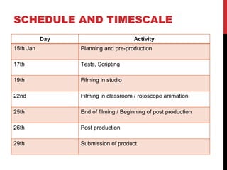 SCHEDULE AND TIMESCALE
Day Activity
15th Jan Planning and pre-production
17th Tests, Scripting
19th Filming in studio
22nd Filming in classroom / rotoscope animation
25th End of filming / Beginning of post production
26th Post production
29th Submission of product.
 