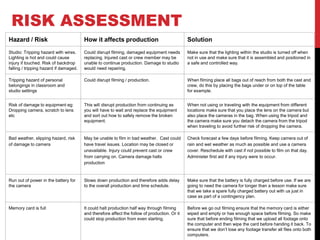 RISK ASSESSMENT
Hazard / Risk How it affects production Solution
Studio: Tripping hazard with wires.
Lighting is hot and could cause
injury if touched. Risk of backdrop
falling / tripping hazard if damaged.
Could disrupt filming, damaged equipment needs
replacing. Injured cast or crew member may be
unable to continue production. Damage to studio
would need repairing.
Make sure that the lighting within the studio is turned off when
not in use and make sure that it is assembled and positioned in
a safe and controlled way.
Tripping hazard of personal
belongings in classroom and
studio settings
Could disrupt filming / production. When filming place all bags out of reach from both the cast and
crew, do this by placing the bags under or on top of the table
for example.
Risk of damage to equipment eg:
Dropping camera, scratch to lens
etc
This will disrupt production from continuing as
you will have to wait and replace the equipment
and sort out how to safely remove the broken
equipment.
When not using or traveling with the equipment from different
locations make sure that you place the lens on the camera but
also place the cameras in the bag. When using the tripod and
the camera make sure you detach the camera from the tripod
when traveling to avoid further risk of dropping the camera.
Bad weather, slipping hazard, risk
of damage to camera
May be unable to film in bad weather. Cast could
have travel issues. Location may be closed or
unavailable. Injury could prevent cast or crew
from carrying on. Camera damage halts
production
Check forecast a few days before filming. Keep camera out of
rain and wet weather as much as possible and use a camera
cover. Reschedule with cast if not possible to film on that day.
Administer first aid if any injury were to occur.
Run out of power in the battery for
the camera
Slows down production and therefore adds delay
to the overall production and time schedule.
Make sure that the battery is fully charged before use. If we are
going to need the camera for longer than a lesson make sure
that we take a spare fully charged battery out with us just in
case as part of a contingency plan.
Memory card is full It could halt production half way through filming
and therefore affect the follow of production. Or it
could stop production from even starting.
Before we go out filming ensure that the memory card is either
wiped and empty or has enough space before filming. So make
sure that before ending filming that we upload all footage onto
the computer and then wipe the card before handing it back. To
ensure that we don’t lose any footage transfer all files onto both
computers.
 
