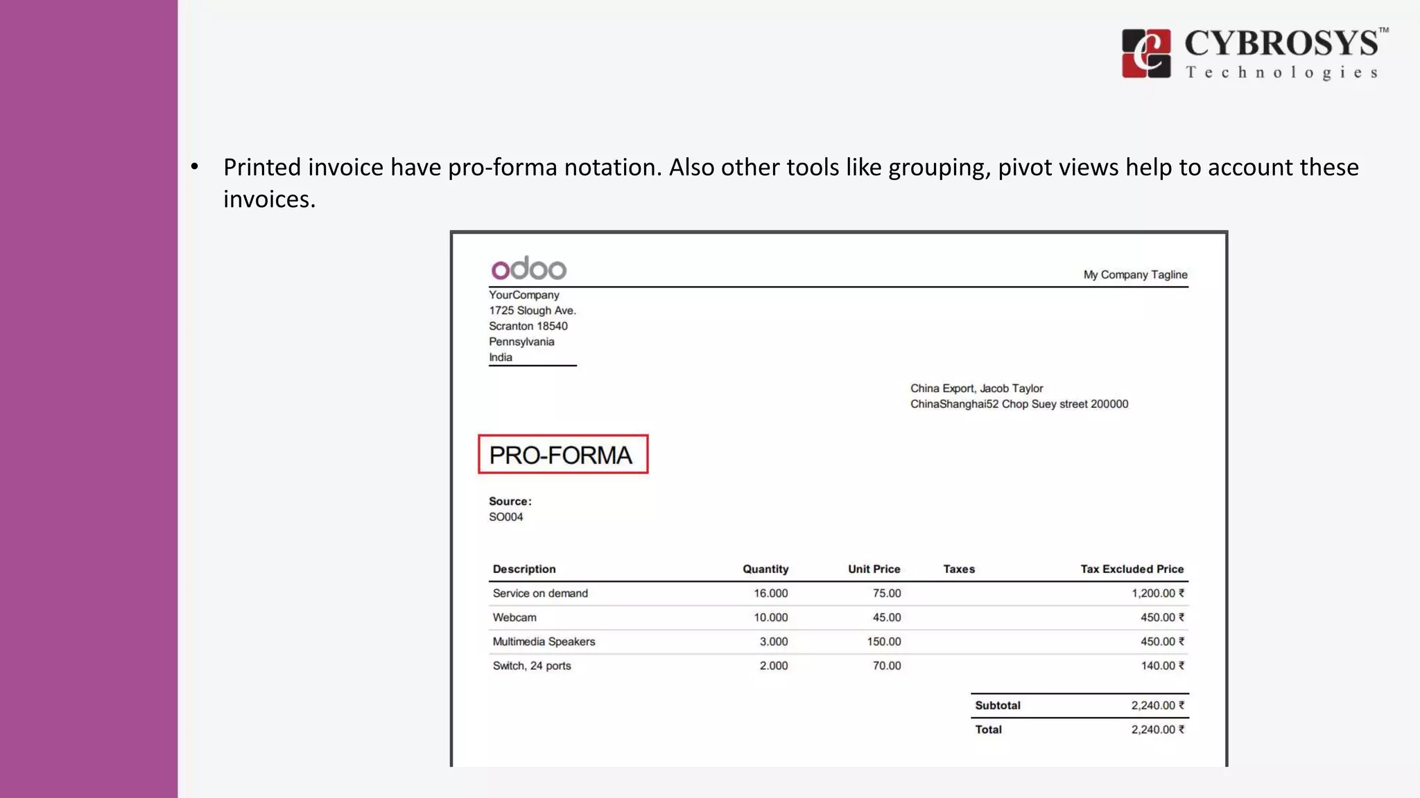 • Printed invoice have pro-forma notation. Also other tools like grouping, pivot views help to account these
invoices.
 