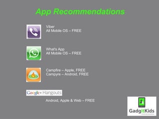 App Recommendations
  Viber
  All Mobile OS – FREE




  What's App
  All Mobile OS – FREE



  Campfire – Apple, FREE
  Campyre – Android, FREE




  Android, Apple & Web – FREE
 