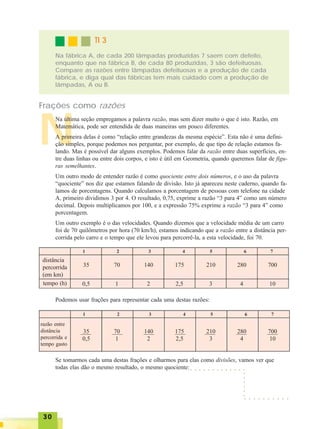 3030303030
N
TI 3TI 3TI 3TI 3TI 3
Na fábrica A, de cada 200 lâmpadas produzidas 7 saem com defeito,
enquanto que na fábrica B, de cada 80 produzidas, 3 são defeituosas.
Compare as razões entre lâmpadas defeituosas e a produção de cada
fábrica, e diga qual das fábricas tem mais cuidado com a produção de
lâmpadas, A ou B.
Frações como razões
Na última seção empregamos a palavra razão, mas sem dizer muito o que é isto. Razão, em
Matemática, pode ser entendida de duas maneiras um pouco diferentes.
A primeira delas é como “relação entre grandezas da mesma espécie”. Esta não é uma defini-
ção simples, porque podemos nos perguntar, por exemplo, de que tipo de relação estamos fa-
lando. Mas é possível dar alguns exemplos. Podemos falar da razão entre duas superfícies, en-
tre duas linhas ou entre dois corpos, e isto é útil em Geometria, quando queremos falar de figu-
ras semelhantes.
Um outro modo de entender razão é como quociente entre dois números, e o uso da palavra
“quociente” nos diz que estamos falando de divisão. Isto já apareceu neste caderno, quando fa-
lamos de porcentagens. Quando calculamos a porcentagem de pessoas com telefone na cidade
A, primeiro dividimos 3 por 4. O resultado, 0,75, exprime a razão “3 para 4” como um número
decimal. Depois multiplicamos por 100, e a expressão 75% exprime a razão “3 para 4” como
porcentagem.
Um outro exemplo é o das velocidades. Quando dizemos que a velocidade média de um carro
foi de 70 quilômetros por hora (70 km/h), estamos indicando que a razão entre a distância per-
corrida pelo carro e o tempo que ele levou para percorrê-la, a esta velocidade, foi 70.
distância
percorrida
(em km)
tempo (h)
35 70 140 175 210 280 700
0,5 1 2 2,5 3 4 10
Podemos usar frações para representar cada uma destas razões:
razão entre
distância
percorrida e
tempo gasto
35
0,5
70
1
140
2
175
2,5
210
3
280
4
700
10
Se tomarmos cada uma destas frações e olharmos para elas como divisões, vamos ver que
todas elas dão o mesmo resultado, o mesmo quociente: ○ ○ ○ ○ ○ ○ ○ ○ ○ ○ ○ ○ ○
○ ○ ○ ○ ○ ○ ○ ○ ○ ○
○○○○○○
 