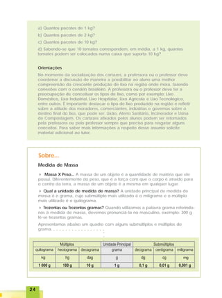 2424242424
a) Quantos pacotes de 1 kg?
b) Quantos pacotes de 2 kg?
c) Quantos pacotes de 10 kg?
d) Sabendo-se que 10 tomates correspondem, em média, a 1 kg, quantos
tomates podem ser colocados numa caixa que suporta 10 kg?
Orientações
No momento da socialização dos cartazes, a professora ou o professor deve
coordenar a discussão de maneira a possibilitar ao aluno uma melhor
compreensão da crescente produção de lixo na região onde mora, fazendo
conexões com o cenário brasileiro. A professora ou o professor deve ter a
preocupação de conceituar os tipos de lixo, como por exemplo: Lixo
Doméstico, Lixo Industrial, Lixo Hospitalar, Lixo Agrícola e Lixo Tecnológico,
entre outros. É importante destacar o tipo de lixo produzido na região e refletir
sobre a atitude dos moradores, comerciantes, indústrias e governos sobre o
destino final do lixo, que pode ser: Lixão, Aterro Sanitário, Incinerador e Usina
de Compostagem. Os cartazes afixados pelos alunos podem ser retomados
pela professora ou pelo professor sempre que preciso para resgatar alguns
conceitos. Para saber mais informações a respeito desse assunto solicite
material adicional ao tutor.
Medida de Massa
Sobre...
Massa X Peso... A massa de um objeto é a quantidade de matéria que ele
possui. Diferentemente do peso, que é a força com que o corpo é atraído para
o centro da terra, a massa de um objeto é a mesma em qualquer lugar.
Qual a unidade de medida de massa? A unidade principal de medida de
massa é o grama, cujo submúltiplo mais utilizado é o miligrama e o múltiplo
mais utilizado é o quilograma.
Trezentas ou Trezentos gramas? Quando utilizamos a palavra grama referindo-
nos à medida de massa, devemos pronunciá-la no masculino, exemplo: 300 g
lê-se trezentos gramas.
Apresentamos abaixo um quadro com alguns submúltiplos e múltiplos do
grama. ○ ○ ○ ○ ○ ○ ○ ○ ○ ○ ○ ○ ○ ○ ○ ○ ○
○○○
kg
quilograma hectograma
mg
miligrama
 