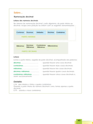 4545454545
Numeração decimal
Sobre...
Leitura dos números decimais
No sistema de numeração decimal, cada algarismo, da parte inteira ou
decimal, ocupa uma posição ou ordem com as seguintes denominações:
Centenas Dezenas Unidades Décimos Centésimos
PARTES INTEIRAS
Milésimos Décimos
Milésimos
Centésimos
Milésimos
Milionésimos
PARTES DECIMAIS
Leitura
Lemos a parte inteira, seguida da parte decimal, acompanhada das palavras:
décimos ................................... : quando houver uma casa decimal;
centésimos................................ : quando houver duas casas decimais;
milésimos.................................. : quando houver três casas decimais;
décimos milésimos ................... : quando houver quatro casas decimais;
centésimos milésimos .............. : quando houver cinco casas decimais e,
assim sucessivamente.
Exemplos:
2,34: dois inteiros e trinta e quatro centésimos
Quando a parte inteira do número decimal é zero, lemos apenas a parte
decimal.
0,79 : setenta e nove centésimos
○ ○ ○ ○ ○ ○ ○ ○ ○ ○ ○ ○
○○○○○○○○○○○○
 