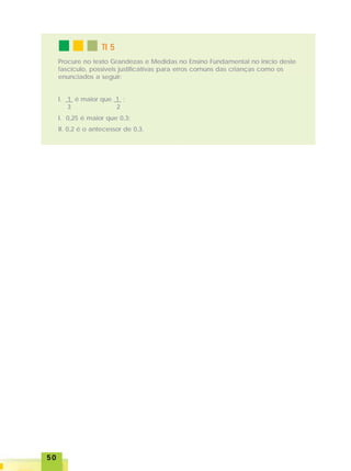 5050505050
TI 5TI 5TI 5TI 5TI 5
I. 0,25 é maior que 0,3;
II. 0,2 é o antecessor de 0,3.
Procure no texto Grandezas e Medidas no Ensino Fundamental no início deste
fascículo, possíveis justificativas para erros comuns das crianças como os
enunciados a seguir:
I. 1 é maior que 1 ;
3 2
 