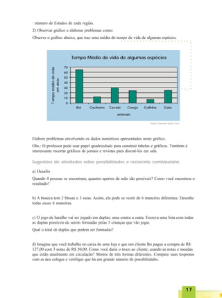 1717171717
· número de Estados de cada região.
2) Observar gráfico e elaborar problemas como:
Observe o gráfico abaixo, que traz uma média do tempo de vida de algumas espécies.
Elabore problemas envolvendo os dados numéricos apresentados neste gráfico.
Obs.: O professor pode usar papel quadriculado para construir tabelas e gráficos. Também é
interessante recortar gráficos de jornais e revistas para discuti-los em sala.
Sugestões de atividades sobre possibilidades e raciocínio combinatório
a) Desafio
Quando 4 pessoas se encontram, quantos apertos de mão são possíveis? Como você encontrou o
resultado?
b) A boneca tem 2 blusas e 3 saias. Assim, ela pode se vestir de 6 maneiras diferentes. Desenhe
todas essas 6 maneiras.
c) O jogo de baralho vai ser jogado em duplas: uma contra a outra. Escreva uma lista com todas
as duplas possíveis de serem formadas pelas 5 crianças que vão jogar.
Qual o total de duplas que podem ser formadas?
d) Imagine que você trabalha no caixa de uma loja e que um cliente lhe pague a compra de R$
127,00 com 3 notas de R$ 50,00. Como você daria o troco ao cliente, usando as notas e moedas
que estão atualmente em circulação? Mostre de três formas diferentes. Compare suas respostas
com as dos colegas e verifique que há um grande número de possibilidades.
○ ○ ○ ○ ○ ○ ○ ○ ○ ○ ○ ○ ○ ○ ○ ○ ○ ○ ○ ○ ○ ○ ○
○○○○○○○○○○○○○○○
○ ○ ○ ○
Tempo Médio de vida de algumas espécies
0
10
20
30
40
50
60
70
Boi Cachorro Cavalo Coruja Galinha Gato
animais
Tempomédiodevida
emanos
Fonte: Fazenda Santa Cruz
 