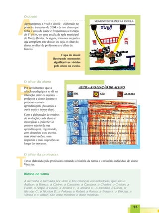 1515151515
TTTTT
PPPPP
AAAAAApresentamos a você o dossiê - elaborado no
primeiro trimestre de 2004 - de um aluno que
tinha 7 anos de idade e freqüentava a II etapa
do 1º ciclo, em uma escola da rede municipal
de Morro Reuter. A seguir, trazemos as partes
que compõem este dossiê, ou seja, o olhar do
aluno, o olhar da professora e o olhar da
família.
O dossiê
Capa do dossiê
ilustrando momentos
significativos vividos
pelo aluno na escola.
O olhar do aluno
Por acreditarmos que a
relação pedagógica se dá na
interação entre os sujeitos –
professor e aluno durante o
processo ensino-
aprendizagem, passamos a
ouvir mais o nosso aluno.
Com a elaboração de roteiros
de avaliação, cada aluno é
encorajado a perceber-se
como o sujeito de sua
aprendizagem, registrando,
com desenhos e/ou escrita,
suas observações, suas
angústias e suas sugestões ao
longo do processo.
Texto elaborado pela professora contando a história da turma e o relatório individual do aluno
Vinícius.
O olhar da professora
História da turma
A turminha é formada por vinte e três crianças encantadoras, que são o
Adilson, a Bianca, a Carine, a Cassiane, a Cassiara, o Charles, o Cristian, a
Evelin, o Felipe, a Gisele, a Jéssica F., a Jéssica C., o Jordano, o Lucas, o
Nicolas C., o Nicolas D., a Poliana, o Rafael, a Raíssa, a Thauani, o Vinícius, a
Vitória e o Willian. São onze meninos e doze meninas.
○ ○ ○ ○ ○ ○ ○ ○ ○ ○ ○ ○ ○ ○ ○ ○ ○ ○ ○
○ ○ ○ ○ ○ ○ ○ ○ ○ ○ ○ ○ ○ ○ ○ ○ ○ ○ ○
 