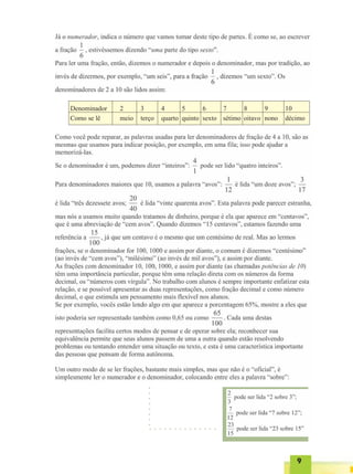 99999
Denominador
Como se lê
2 3 4 5 6 7 8 9 10
meio terço quarto quinto sexto sétimo oitavo nono décimo
○ ○ ○ ○ ○ ○ ○ ○ ○ ○ ○ ○ ○ ○
○○○○○○○○
 