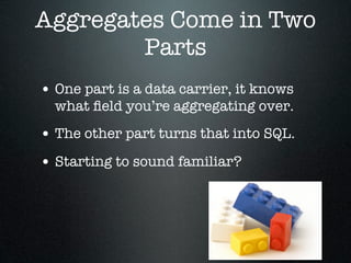 Aggregates Come in Two
        Parts
• One part is a data carrier, it knows
  what ﬁeld you’re aggregating over.
• The other part turns that into SQL.
• Starting to sound familiar?
 