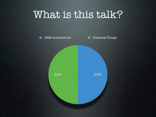 What is this talk?
  ORM Architecture   Practical Things




        50%          50%
 