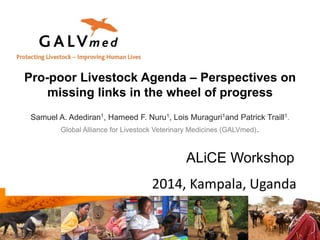 ALiCE Workshop
2014, Kampala, Uganda
Pro-poor Livestock Agenda – Perspectives on
missing links in the wheel of progress
Samuel A. Adediran1, Hameed F. Nuru1, Lois Muraguri1and Patrick Traill1.
Global Alliance for Livestock Veterinary Medicines (GALVmed).
 