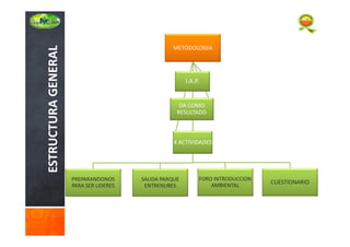 ESTRUCTURAGENERAL
METODOLOGIA
PREPARANDONOS
PARA SER LIDERES
SALIDA PARQUE
ENTRENUBES
FORO INTRODUCCION
AMBIENTAL
CUESTIONARIO
DA COMO
RESULTADO
4 ACTIVIDADES
I.A.P.
 
