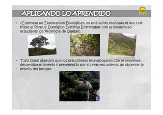 • «Caminata de Exploracion Ecológica», es una salida realizada el día 3 de
Mayo al Parque Ecológico Distrital Entrenubes con la comunidad
estudiantil de Provincia de Quebec.
• Tuvo como objetivo que los estudiantes interactuaran con el ambiente,
desarrollaran interés y pertenencia por su entorno además de observar la
belleza del bosque.
 