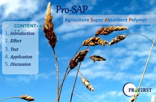 CONTENT+ + + +
+ +
1.Introduction
2.Effect
3.Test
4.Application
5.Discussion
Pro-SAP
Agriculture Super Absorbent Polymer
 