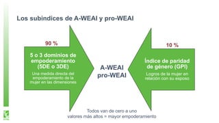 Los subindices de A-WEAI y pro-WEAI
5 o 3 dominios de
empoderamiento
(5DE o 3DE)
Una medida directa del
empoderamiento de la
mujer en las dimensiones
Índice de paridad
de género (GPI)
Logros de la mujer en
relación con su esposo
Todos van de cero a uno
valores más altos = mayor empoderamiento
A-WEAI
pro-WEAI
90 % 10 %