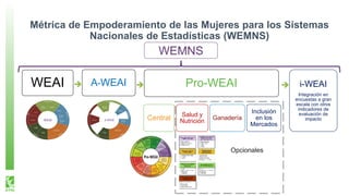 Métrica de Empoderamiento de las Mujeres para los Sistemas
Nacionales de Estadísticas (WEMNS)
WEAI A-WEAI Pro-WEAI
Central Salud y
Nutrición
Ganadería
Inclusión
en los
Mercados
i-WEAI
Integración en
encuestas a gran
escala con otros
indicadores de
evaluación de
impacto
WEAI A-WEAI
Opcionales
WEMNS