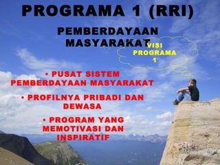 PROGRAMA 1 (RRI)
       PEMBERDAYAAN
        MASYARAKATVISI
                      PROGRAMA
                          1

     • PUSAT SISTEM
PEMBERDAYAAN MASYARAKAT
 • PROFILNYA PRIBADI DAN
         DEWASA
     • PROGRAM YANG
     MEMOTIVASI DAN
        INSPIRATIF
 