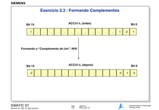 Exercício 2.3 : Formando Complementos
ACCU1-L (antes)

Bit 15
1

.

.

.

.

.

.

.

.

Bit 0
.

.

.

.

1

0

1

Formando o “Complemento de Um”: INVI

ACCU1-L (depois)

Bit 15
0

.

SIMATIC S7
Siemens AG 1998. All rights reserved.

.

.

.

.

.

.

.

Date:
File:

09/03/14
PRO2_02P.15

.

Bit 0
.

.

.

0

1

0

Conhecimento em Automação
Training Center

 