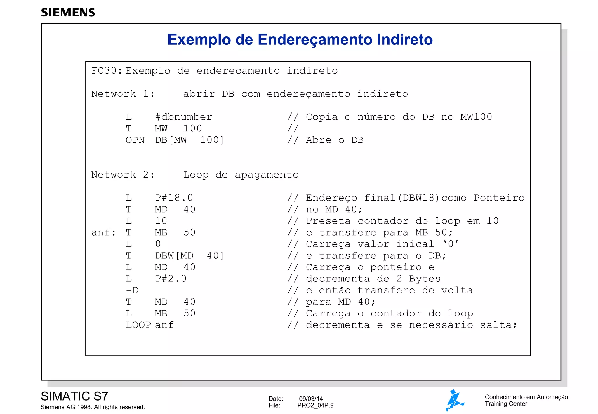 Exemplo de Endereçamento Indireto
FC30: Exemplo de endereçamento indireto
Network 1:

abrir DB com endereçamento indireto

L
#dbnumber
T
MW 100
OPN DB[MW 100]
Network 2:
L
T
L
anf: T
L
T
L
L
-D
T
L
LOOP

SIMATIC S7
Siemens AG 1998. All rights reserved.

// Copia o número do DB no MW100
//
// Abre o DB

Loop de apagamento

P#18.0
MD 40
10
MB 50
0
DBW[MD 40]
MD 40
P#2.0

//
//
//
//
//
//
//
//
//
//
//
//

MD 40
MB 50
anf

Date:
File:

Endereço final(DBW18)como Ponteiro
no MD 40;
Preseta contador do loop em 10
e transfere para MB 50;
Carrega valor inical ‘0’
e transfere para o DB;
Carrega o ponteiro e
decrementa de 2 Bytes
e então transfere de volta
para MD 40;
Carrega o contador do loop
decrementa e se necessário salta;

09/03/14
PRO2_04P.9

Conhecimento em Automação
Training Center

 