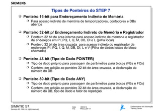 Tipos de Ponteiros do STEP 7


Ponteiro 16-bit para Endereçamento Indireto de Memória




Para acesso indireto de memória de temporizadores, contadores e DBs
abertos

Ponteiro 32-bit p/ Endereçamento Indireto de Memória e Registrador
Ponteiro 32 bit de área interna para acesso indireto de memória e registrador
de endereços em PI, PQ, I, Q, M, DB, DI e L (pilha local)
 Ponteiro 32 bit de área cruzada para acesso indireto do registrador de
endereços PI, PQ, I, Q, M, DB, DI, L e V (Pilha de dados locais do bloco
chamado)




Ponteiro 48-bit (Tipo de Dado POINTER)
Tipo de dado próprio para passagem de parâmetros para blocos (FBs e FCs)
 Contém, em adição ao ponteiro 32-bit de área-cruzada, a declaração do
número do DB




Ponteiro 80-bit (Tipo de Dado ANY)
Tipo de dado próprio para passagem de parâmetros para blocos (FBs e FCs)
 Contém, em adição ao ponteiro 32-bit de área-cruzada, a declaração do
número do DB, tipo de dado e fator de repetição


SIMATIC S7
Siemens AG 1998. All rights reserved.

Date:
File:

09/03/14
PRO2_04P.17

Conhecimento em Automação
Training Center

 