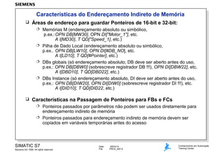 Características do Endereçamento Indireto de Memória


Áreas de endereço para guardar Ponteiros de 16-bit e 32-bit:
Memórias M (endereçamento absoluto ou simbólico,
p.ex.:OPN DB[MW30], OPN DI["Motor_1"], etc.
A I[MD30], T QD["Speed_1], etc.)
 Pilha de Dado Local (endereçamento absoluto ou simbólico,
p.ex.. OPN DB[LW10], OPN DI[#DB_NO], etc.
A I[LD10], T QD[#Pointer], etc.)
 DBs globais (só endereçamento absoluto, DB deve ser aberto antes do uso,
p.ex.: OPN DB[DBW0] (sobrescreve registrador DB !!!), OPN DI[DBW22], etc.
A I[DBD10], T QD[DBD22], etc.)
 DBs Instance (só endereçamento absoluto, DI deve ser aberto antes do uso,
p.ex.: OPN DB[DIW20], OPN DI[DIW0] (sobrescreve registrador DI !!!), etc.
A I[DID10], T QD[DID22, etc.)




Características na Passagem de Ponteiros para FBs e FCs
Ponteiros passados por parâmetros não podem ser usados diretamente para
endereçamento indireto de memória
 Ponteiros passados para endereçamento indireto de memória devem ser
copiados em variáveis temporárias antes do acesso


SIMATIC S7
Siemens AG 1998. All rights reserved.

Date:
File:

09/03/14
PRO2_04P.8

Conhecimento em Automação
Training Center

 