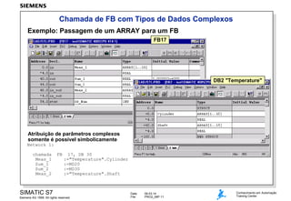 Chamada de FB com Tipos de Dados Complexos
Exemplo: Passagem de um ARRAY para um FB
FB17

DB2 "Temperature"

Atribuição de parâmetros complexos
somente é possível simbolicamente
Network 1:
chamada
Meas_1
Sum_1
Sum_2
Meas_2

FB

17, DB 30
:="Temperature".Cylinder
:=MD20
:=MD30
:="Temperature".Shaft

SIMATIC S7
Siemens AG 1999. All rights reserved.

Date:
File:

09.03.14
PRO2_06P.11

Conhecimento em Automação
Training Center

 